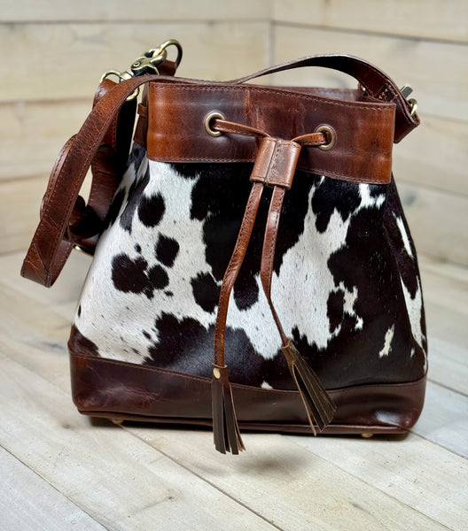 Cowhide and Leather Western Drawstring Bucket Bag