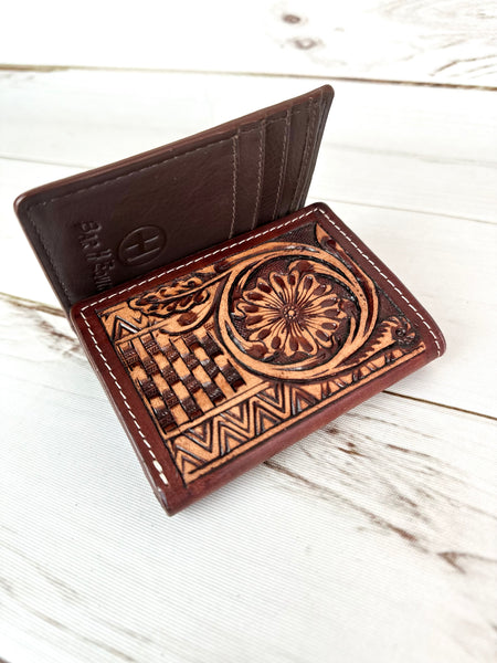 Basket Weave and afloral Tooled Tri-Fold Leather Western Wallet