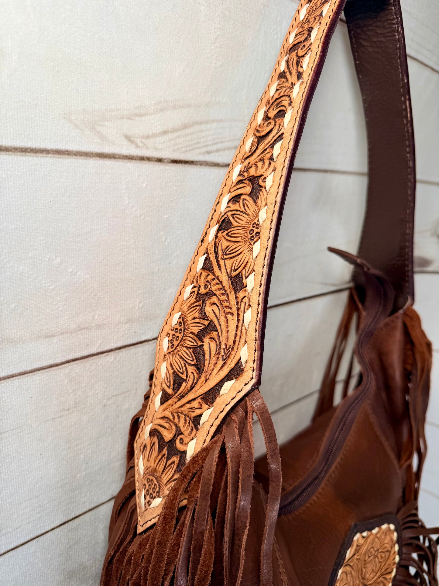 Turquoise Stone Fringe Leather Tooled Hobo Bag