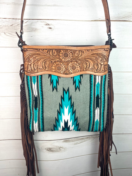 Grey, Turquoise and Black Diamond Pattern Wool & Leather Tooled Crossbody Handbag