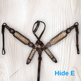 Cowhide on Dark Leather Tack Set with Buckstitch and Crystal Conchos