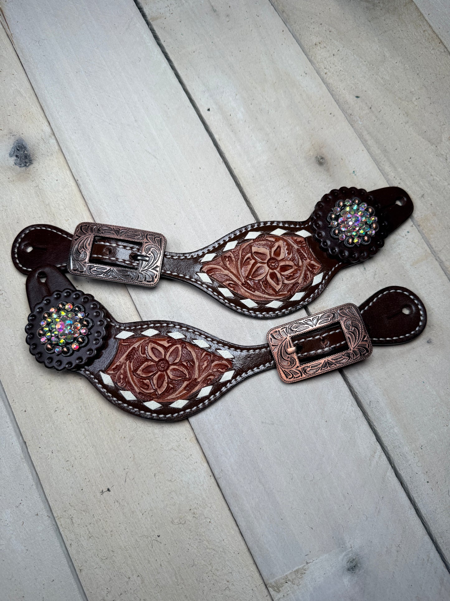 Floral Tooled Buckstitch Crystal Concho Spur Straps