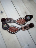 Floral Tooled Buckstitch Crystal Concho Spur Straps