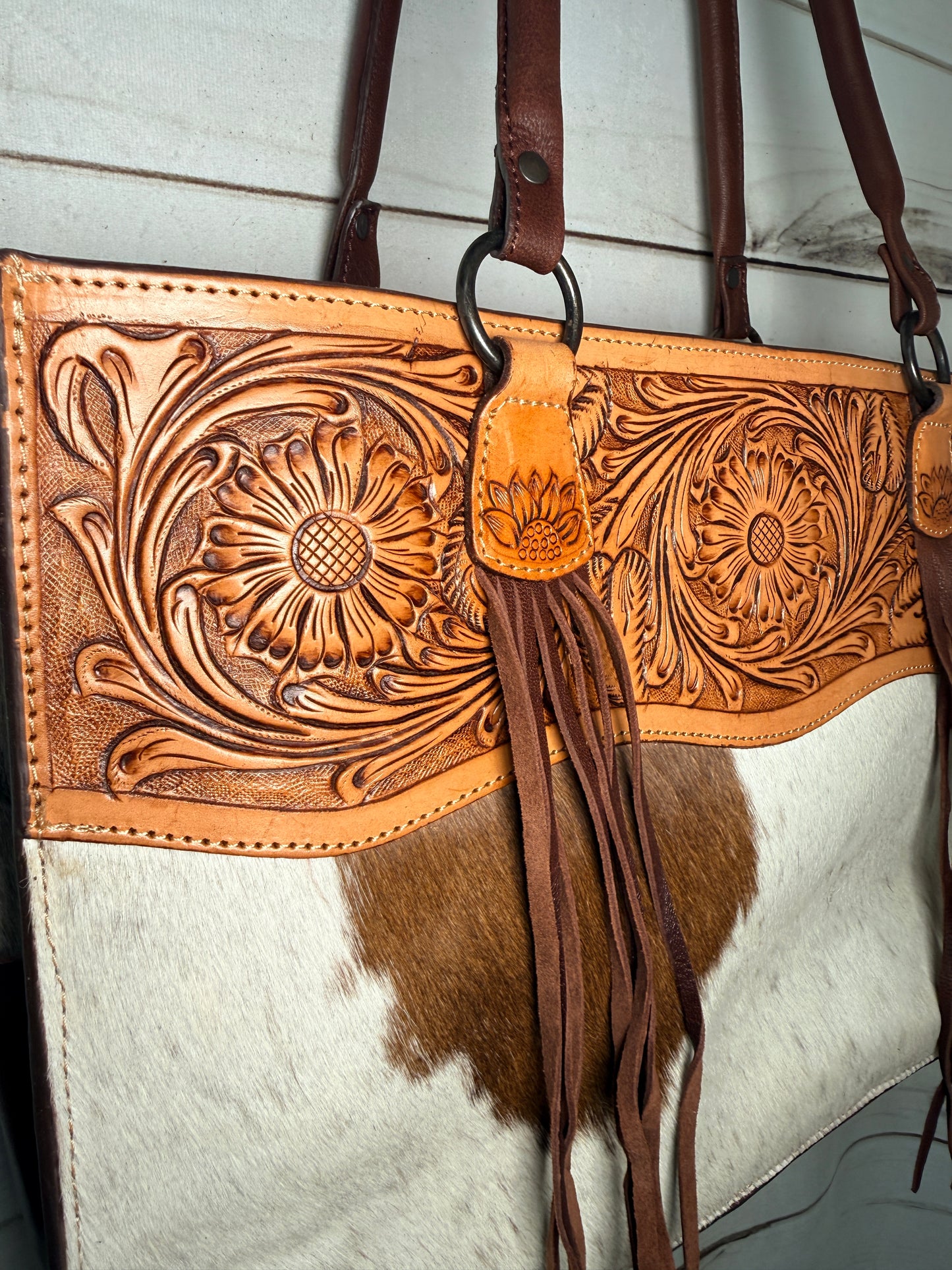 Sunflower Tooled and Hide Tote Bag