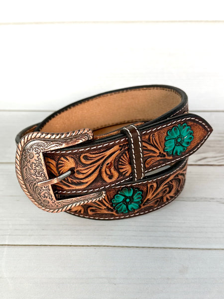 Dark Floral Tooled Turquoise Floral Western Belt