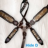Cowhide on Dark Leather Tack Set with Buckstitch and Crystal Conchos