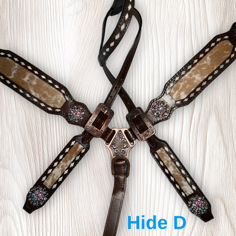 Cowhide on Dark Leather Tack Set with Buckstitch and Crystal Conchos