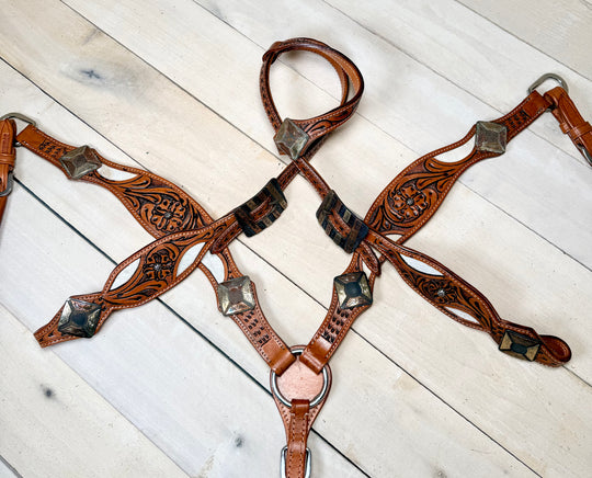 Rustic Concho Hide and Floral Tooled Tack Set