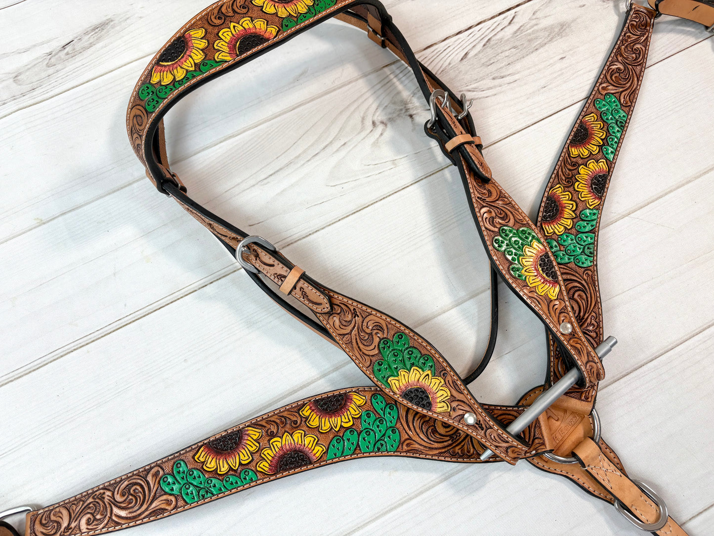 Yellow Sunflower and Green Cactus Tooled Leather Tack Set