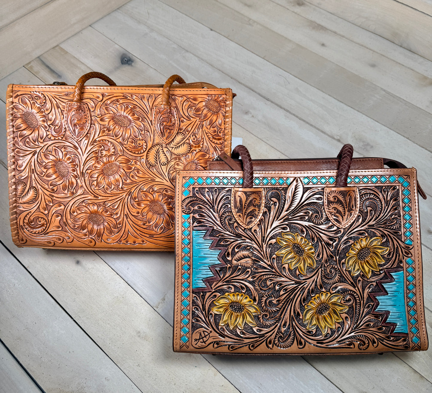 Braided Strap Sunflower Tooled Leather Tote