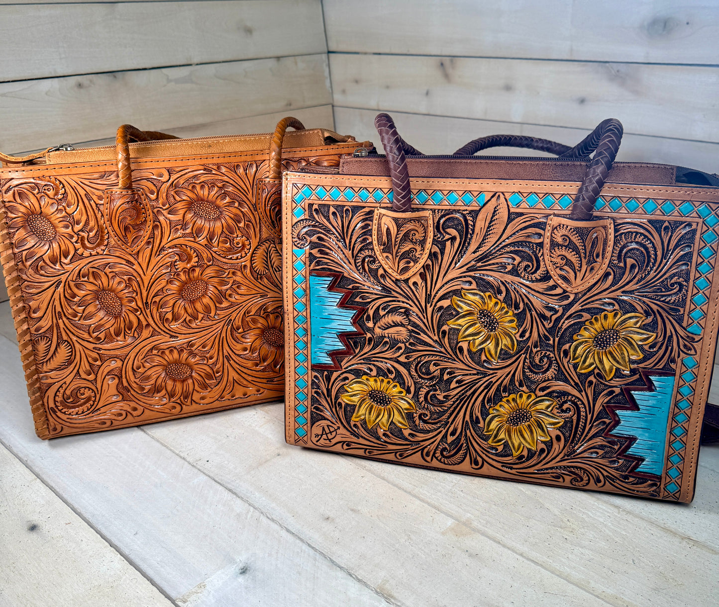 Braided Strap Sunflower Tooled Leather Tote