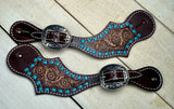 Teal Buckstitch Black Leather Spur Straps