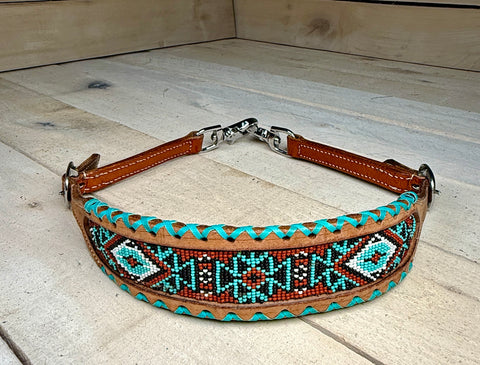 Teal and Brown Whipstitch Beaded Wither Strap
