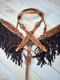 Tooled Leather with Dark Suede Fringe Tack Set