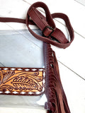Clear Tooled Leather Buckstitch Fringe Bag