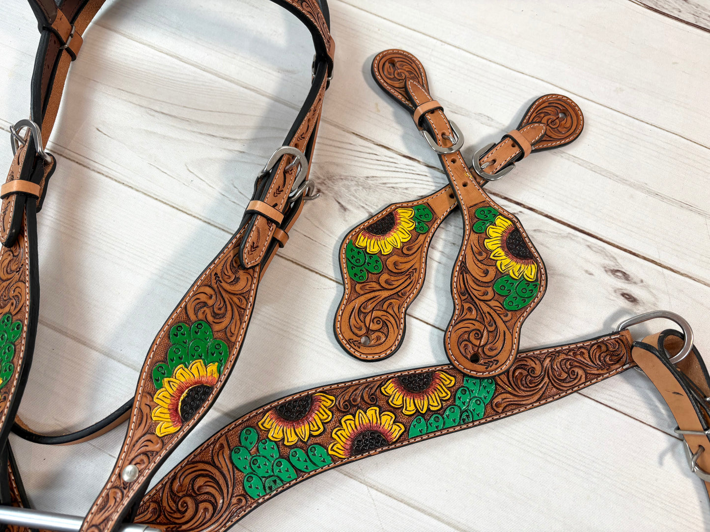 Yellow Sunflower and Green Cactus Tooled Leather Tack Set