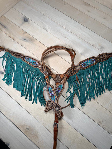 Turquoise, Purple, Black and White Beaded with Fringe Tack Set