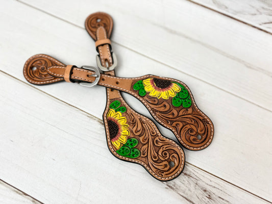 Sunflower Cactus Painted Leather Spur Straps