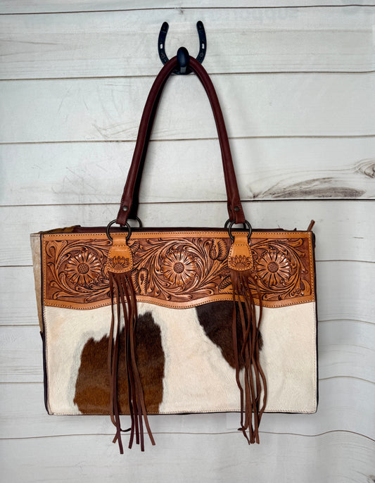 Sunflower Tooled and Hide Tote Bag