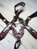 Black and White Hide Leather Tooled Tack Set