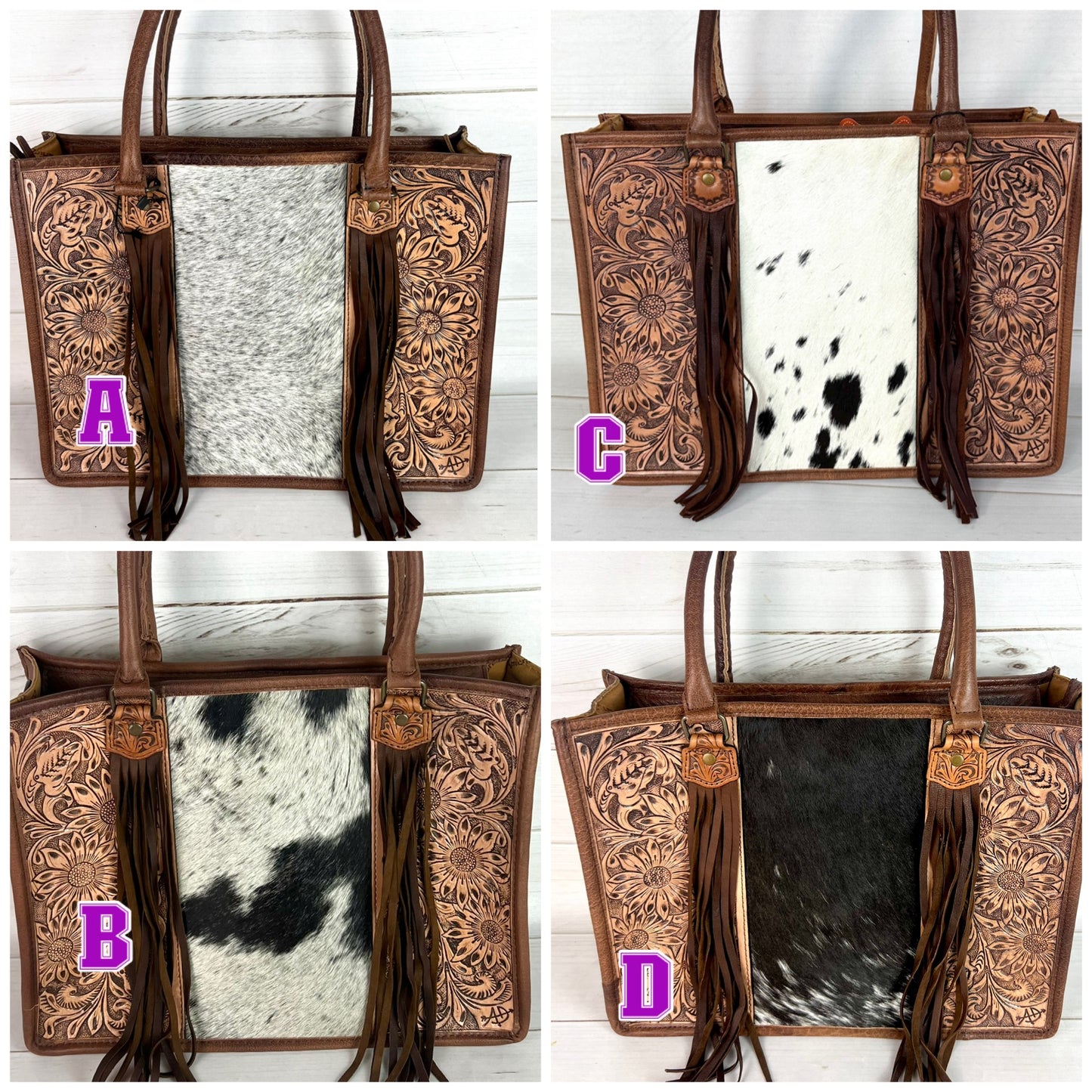 Prescott Black Grey Hide Tote with Leather Tooled Sunflowers