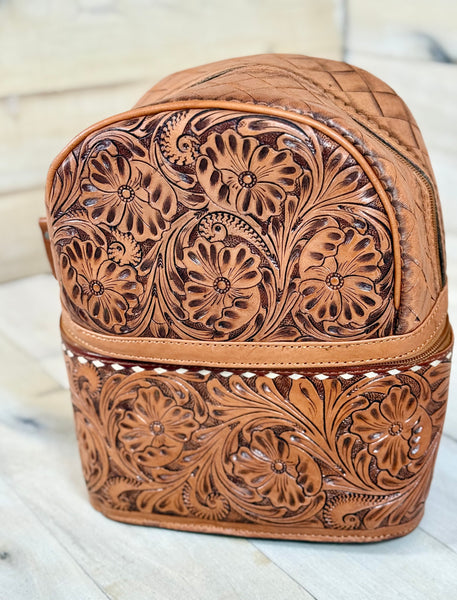 Leather Floral Tooled Buckstitch Backpck