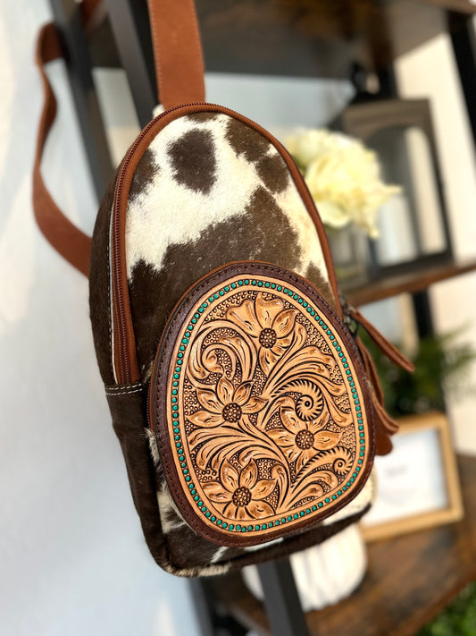 Teal Dotted Cowhide Leather Tooled Sling Bag