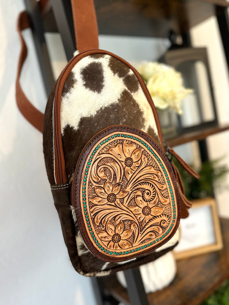 Teal Dotted Cowhide Leather Tooled Sling Bag