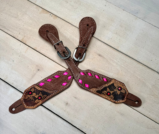 Daisy Buckstitch Rough Out Pink Spur Straps