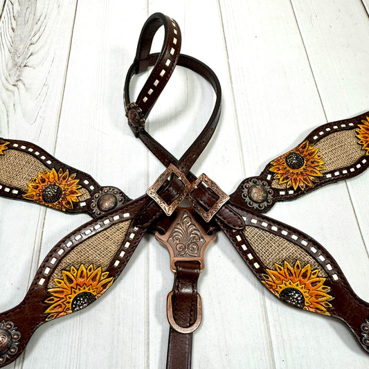 Dark Leather Sunflower Buckstitch Burlap Inlay  Tack Set