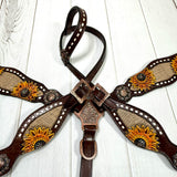 Dark Leather Sunflower Buckstitch Burlap Inlay  Tack Set