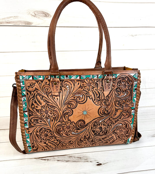 Turquoise Aztec Border Floral Tooled Large Tote