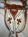 Leather Cross Hair on Hide Silver Stud Tack Set