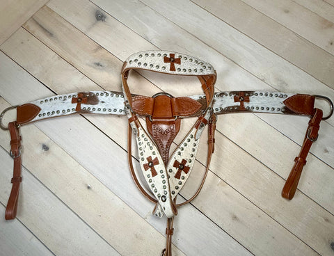 Leather Cross Hair on Hide Silver Stud Tack Set