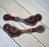 Sunflower Tooled Teal Buckstitch Spur Straps