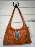 Turquoise Stone Leather Tooled Hobo Shoulder Bag