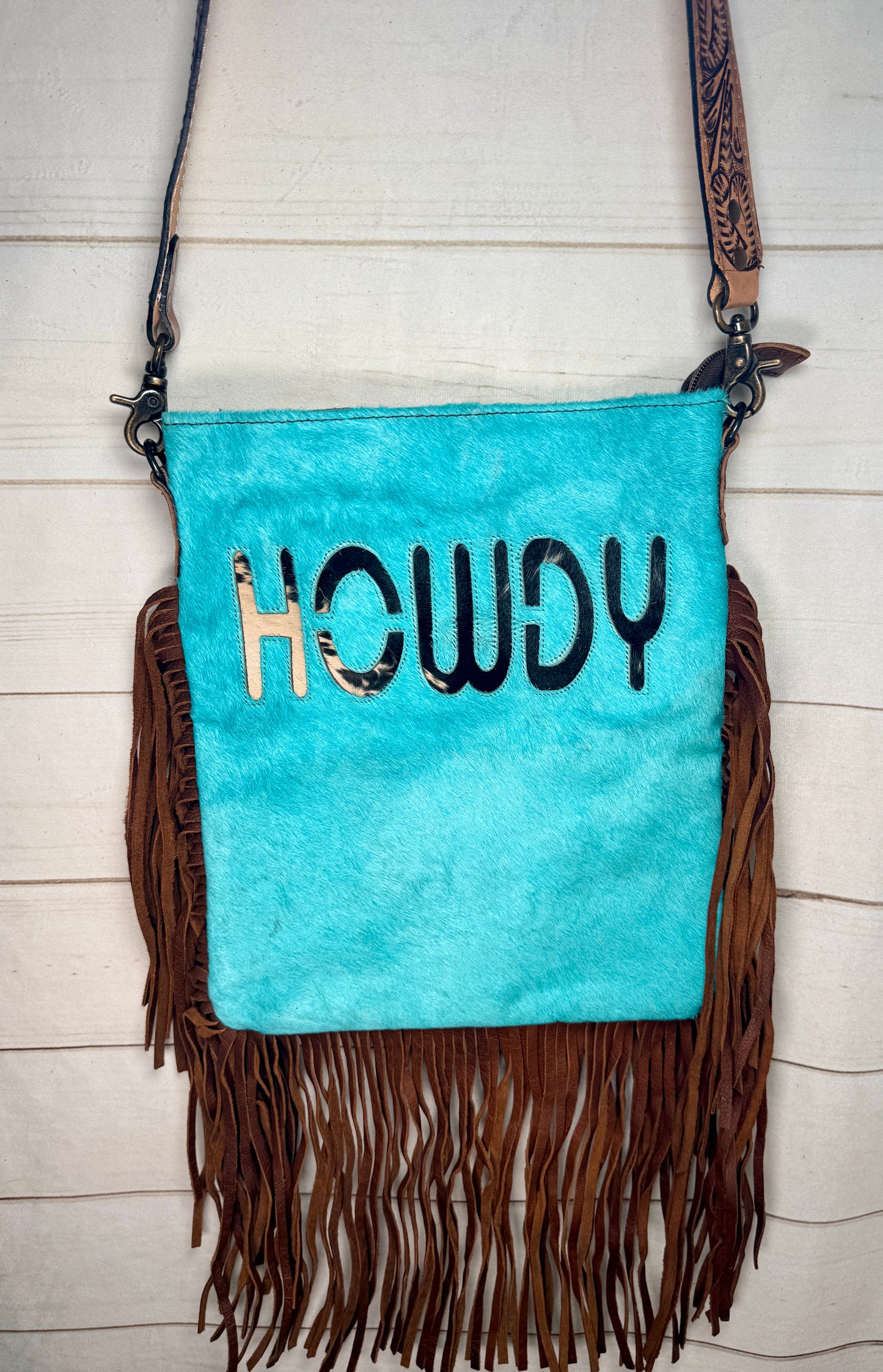Turquoise Hide Howdy Large Crossbody Bag with Leather Fringe