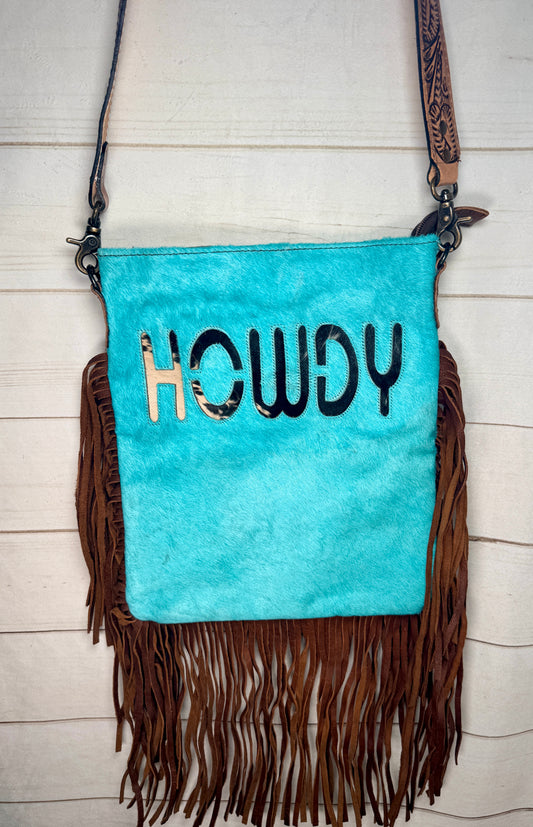 Turquoise Hide Howdy Large Crossbody Bag with Leather Fringe