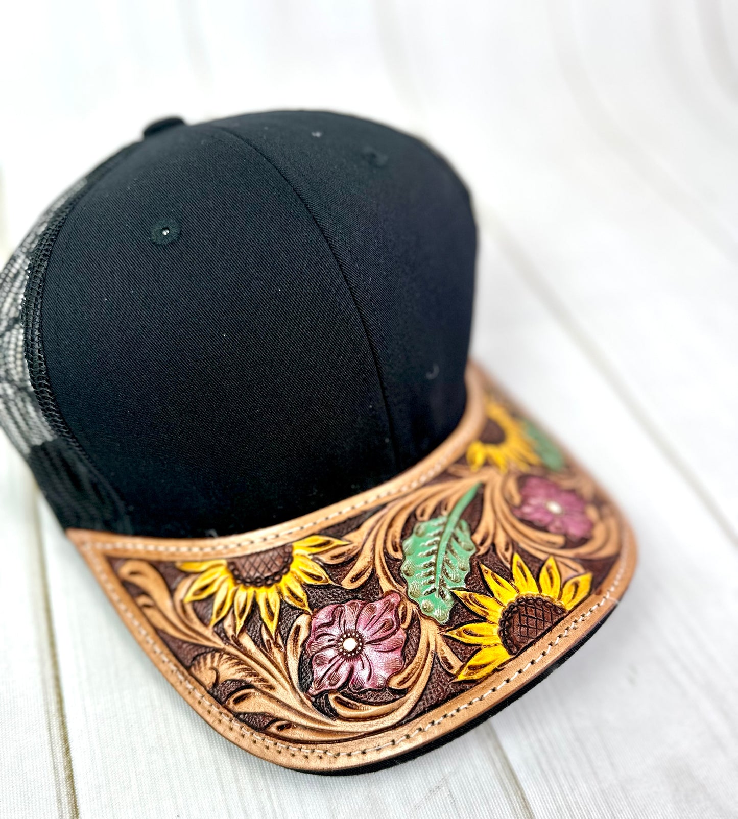 Western Tooled Leather Brim Snapback Trucker Style Hats
