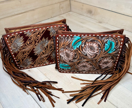Floral Tooled White Buckstitch and Fringe Crossbody Handbag