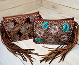 Floral Tooled White Buckstitch and Fringe Crossbody Handbag