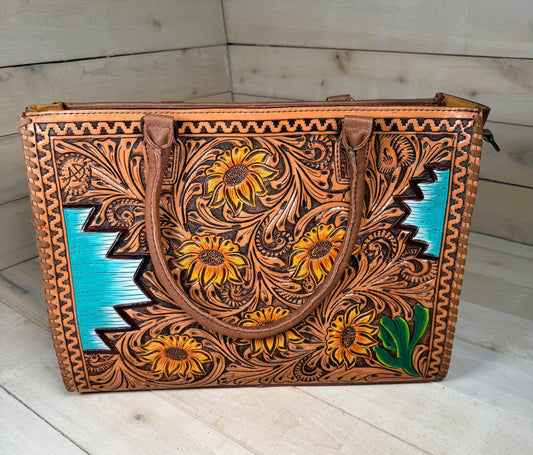 Southwest Sunflower Tooled Aztec Laptop Tote