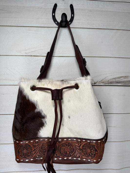 Whipstitched Leather Tooled Band and Hide Bucket Handbag