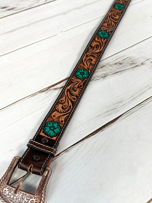 Dark Floral Tooled Turquoise Floral Western Belt