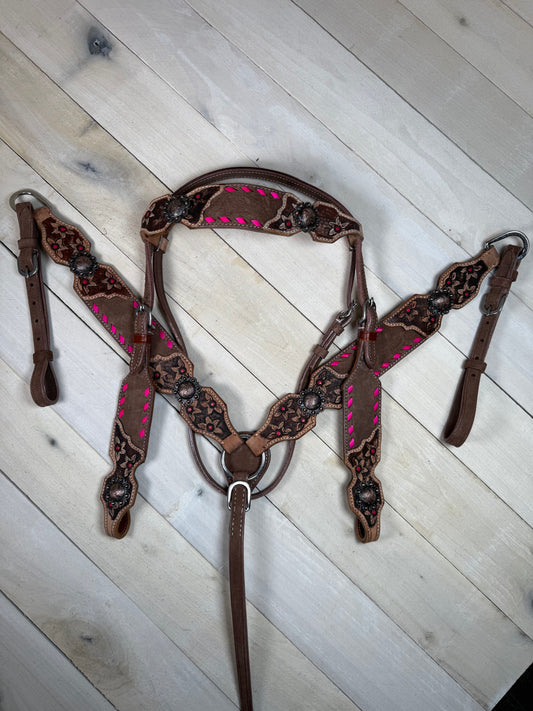 Pink Buckstitch Rough Out Leather Floral Tooled Tack Set
