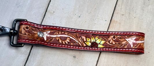 Colorful Sunflower Tooled Wristlet Leather Keychain