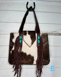 Cowhide Turquoise Stone Whipstitch Handbag