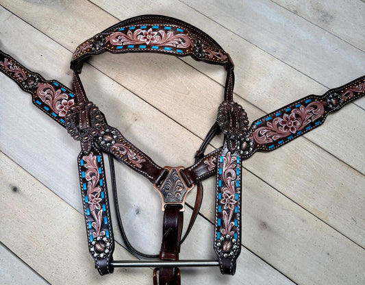 Dark Leather Teal Buckstitch Painted Floral Tack set