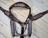 Dark Leather Teal Buckstitch Painted Floral Tack set