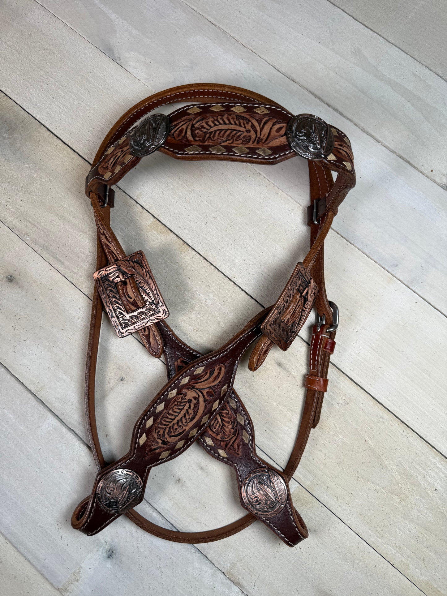 Leather Tooled Feather and Concho Buckstitch Tack Set